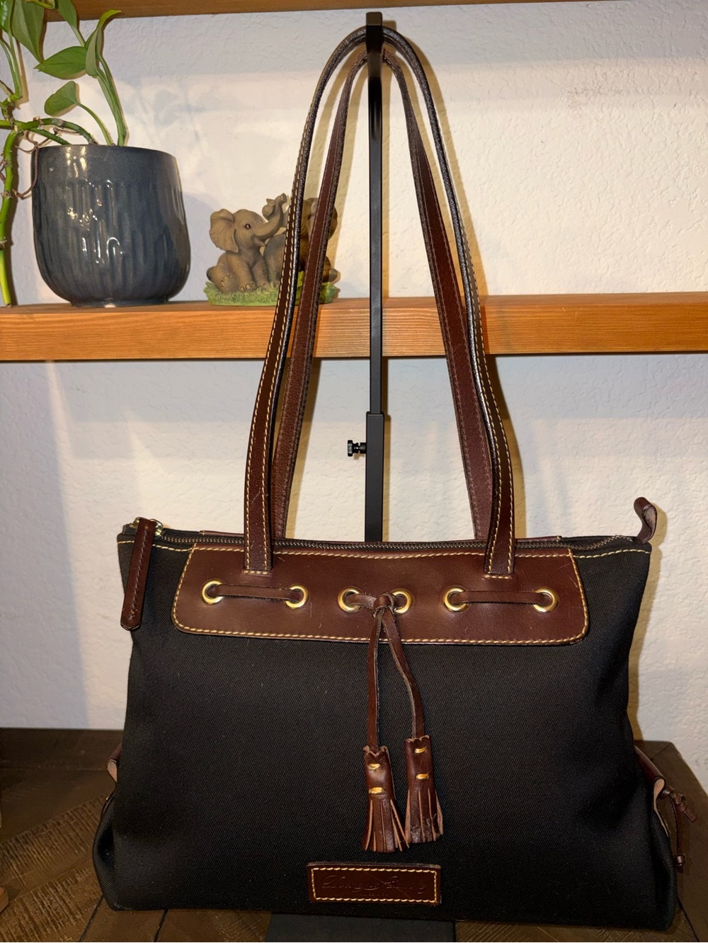 Vintage Dooney & Bourke USA Made Black Canvas & British Tan Leather Tote Bag